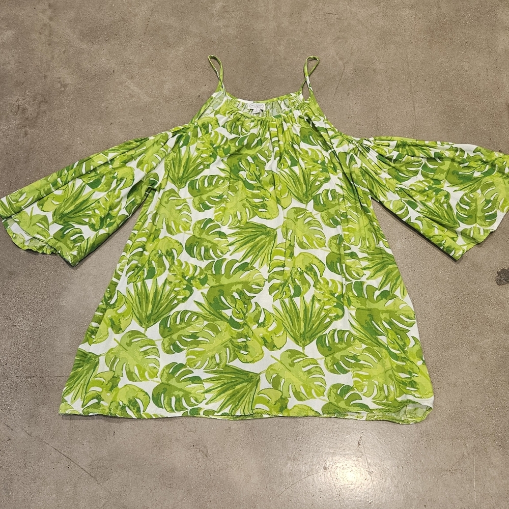 Monstera leaves cold shoulder swim cover up or tunic/dress.  Flat friendly!!